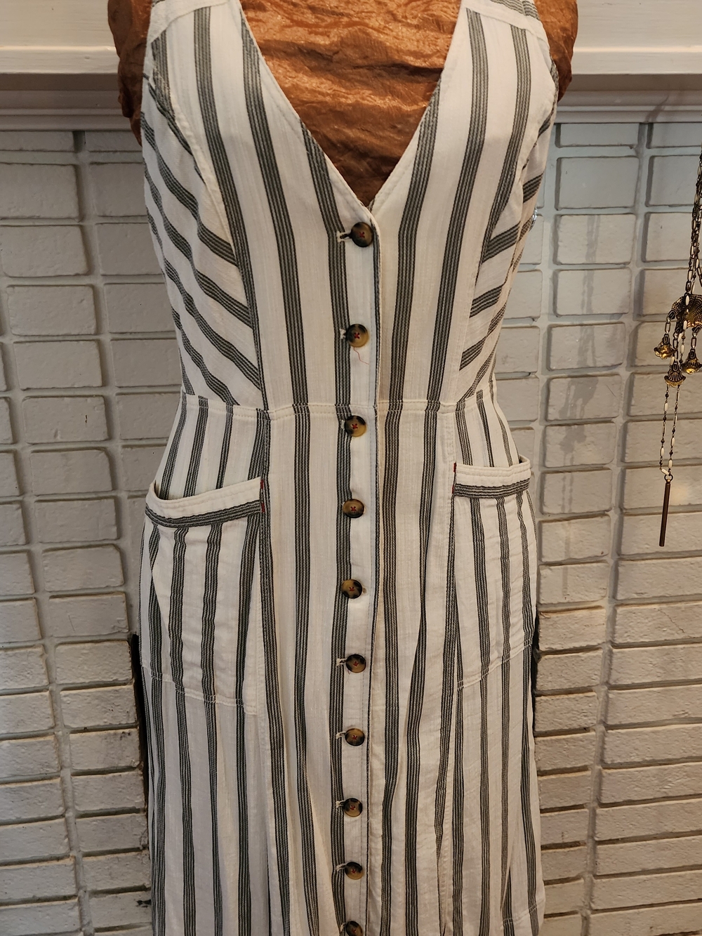 Mauve Striped White Midi Dress with Black Stripes